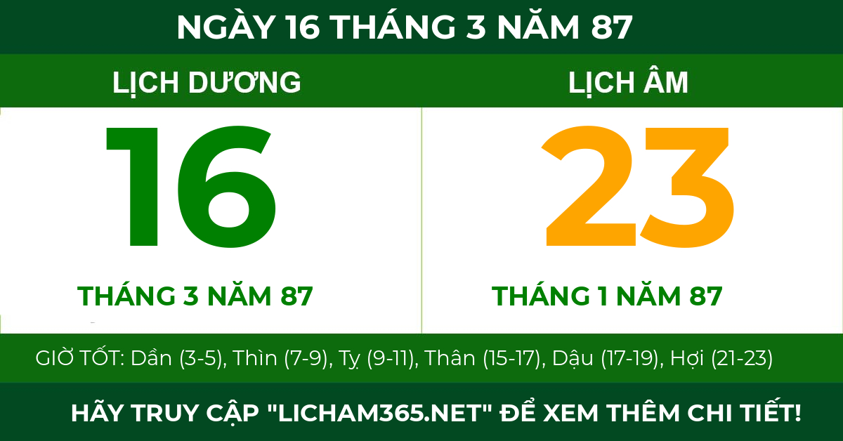 lịch âm ngày 16 tháng 3 năm 87