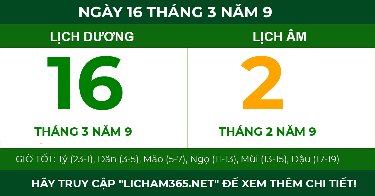 lịch âm ngày 16 tháng 3 năm 9