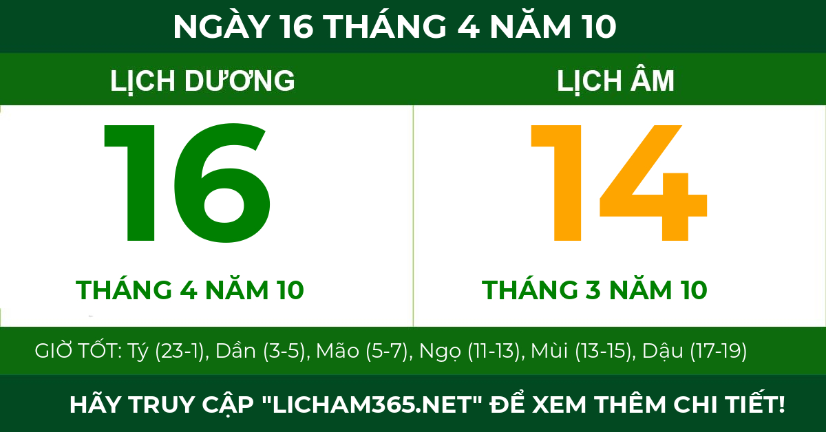 lịch âm ngày 16 tháng 4 năm 10