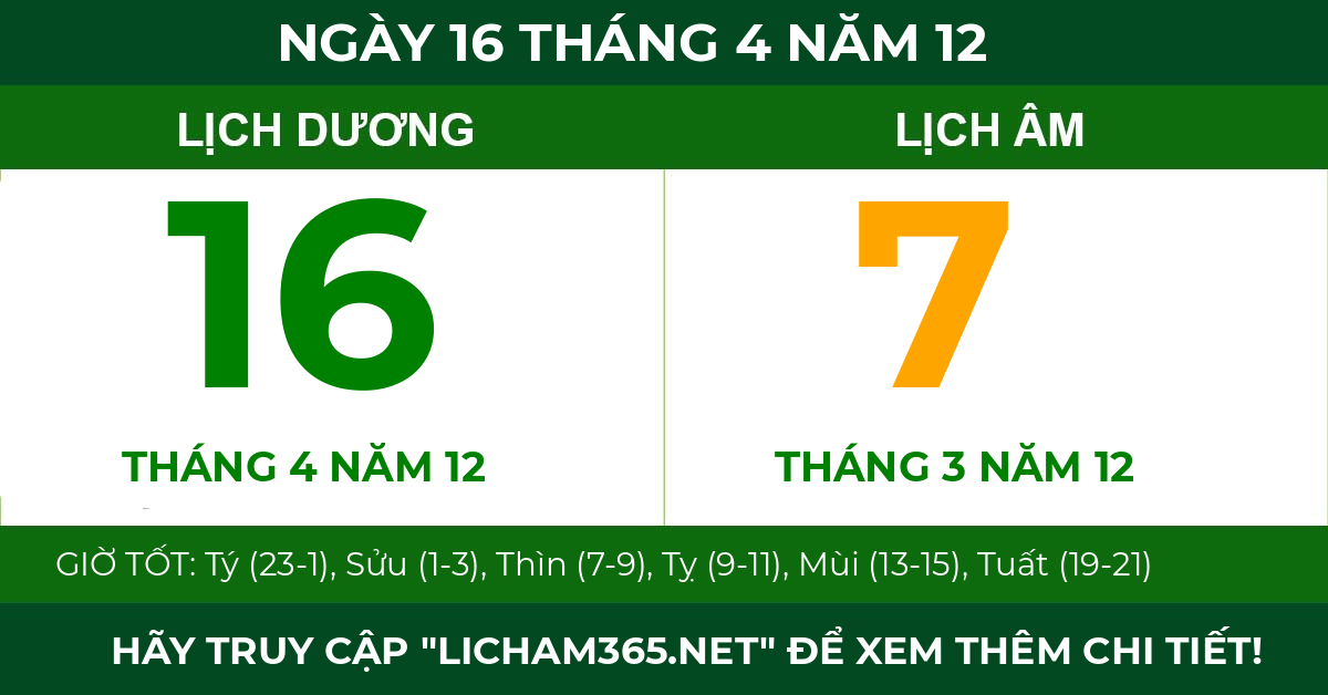 lịch âm ngày 16 tháng 4 năm 12