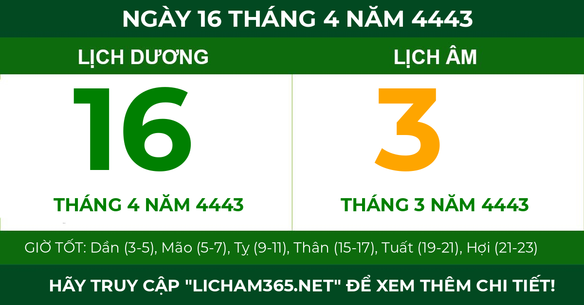 lịch âm ngày 16 tháng 4 năm 4443