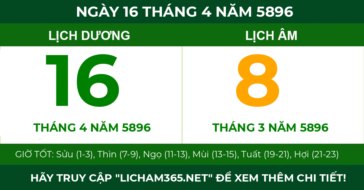 lịch âm ngày 16 tháng 4 năm 5896
