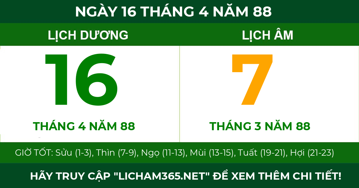 lịch âm ngày 16 tháng 4 năm 88