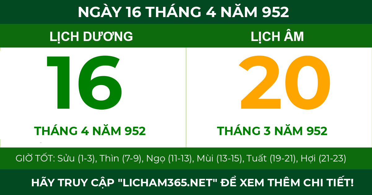 lịch âm ngày 16 tháng 4 năm 952