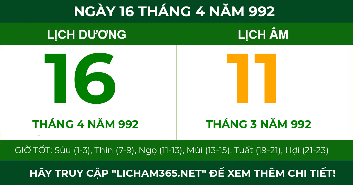 lịch âm ngày 16 tháng 4 năm 992