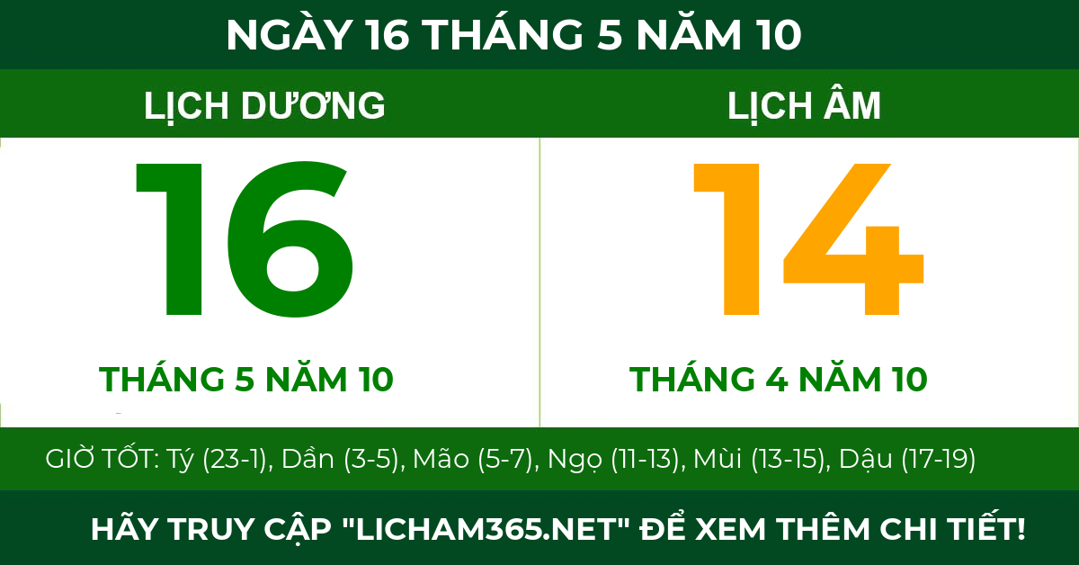 lịch âm ngày 16 tháng 5 năm 10