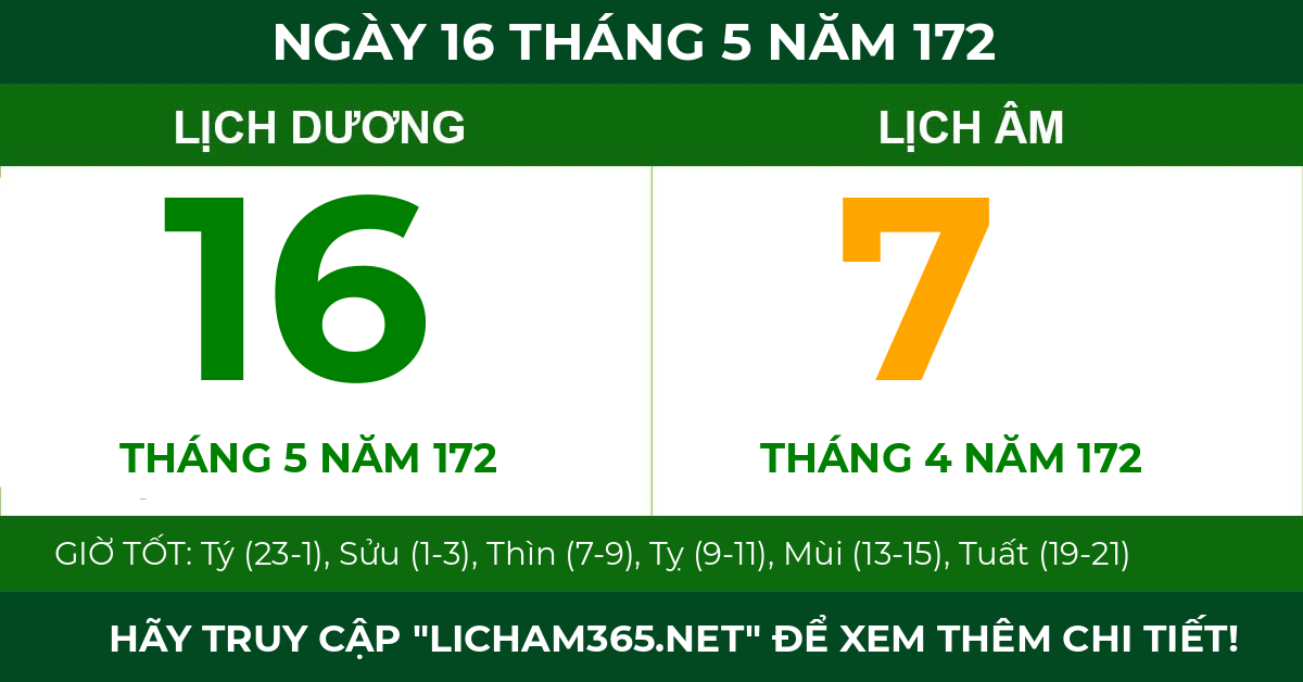 lịch âm ngày 16 tháng 5 năm 172