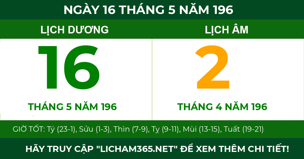 lịch âm ngày 16 tháng 5 năm 196