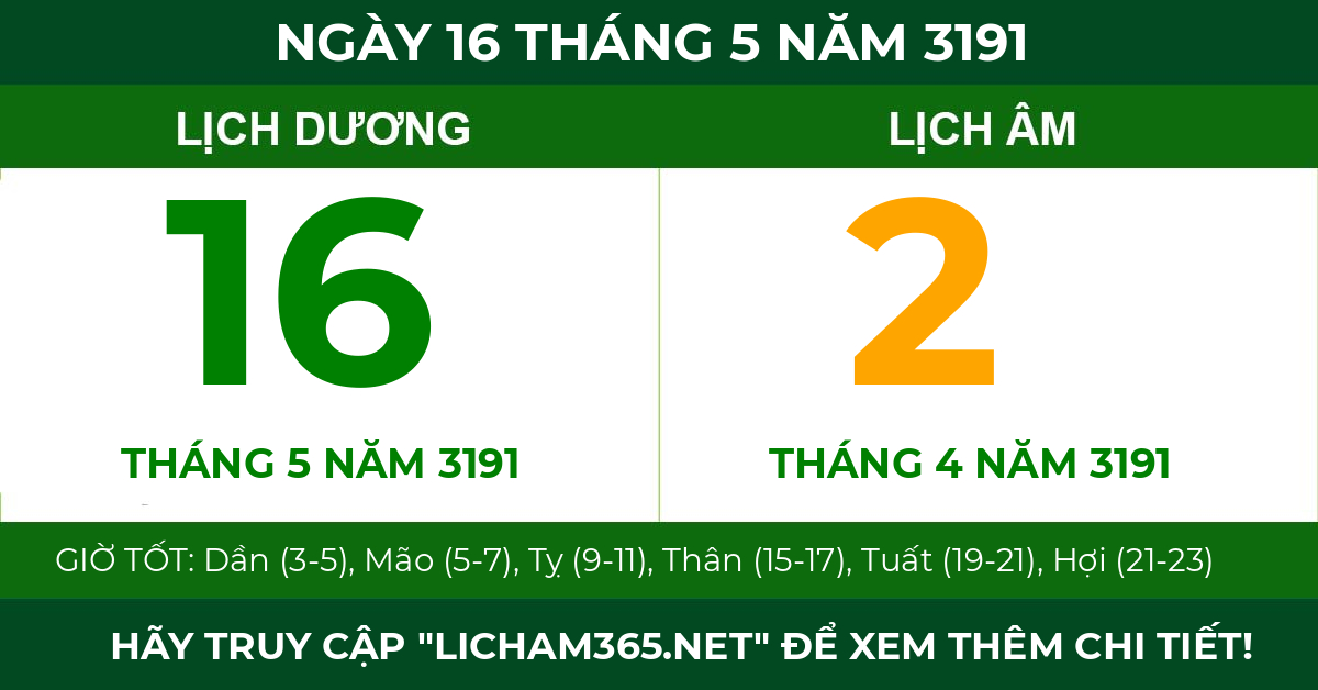lịch âm ngày 16 tháng 5 năm 3191