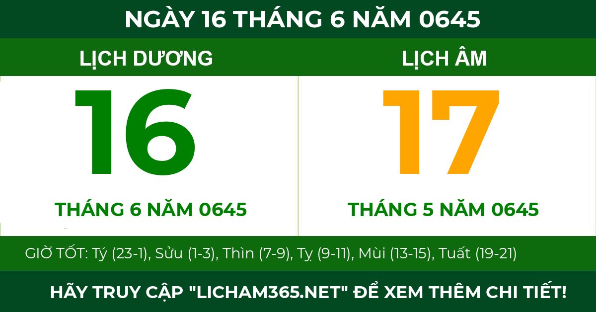 lịch âm ngày 16 tháng 6 năm 0645