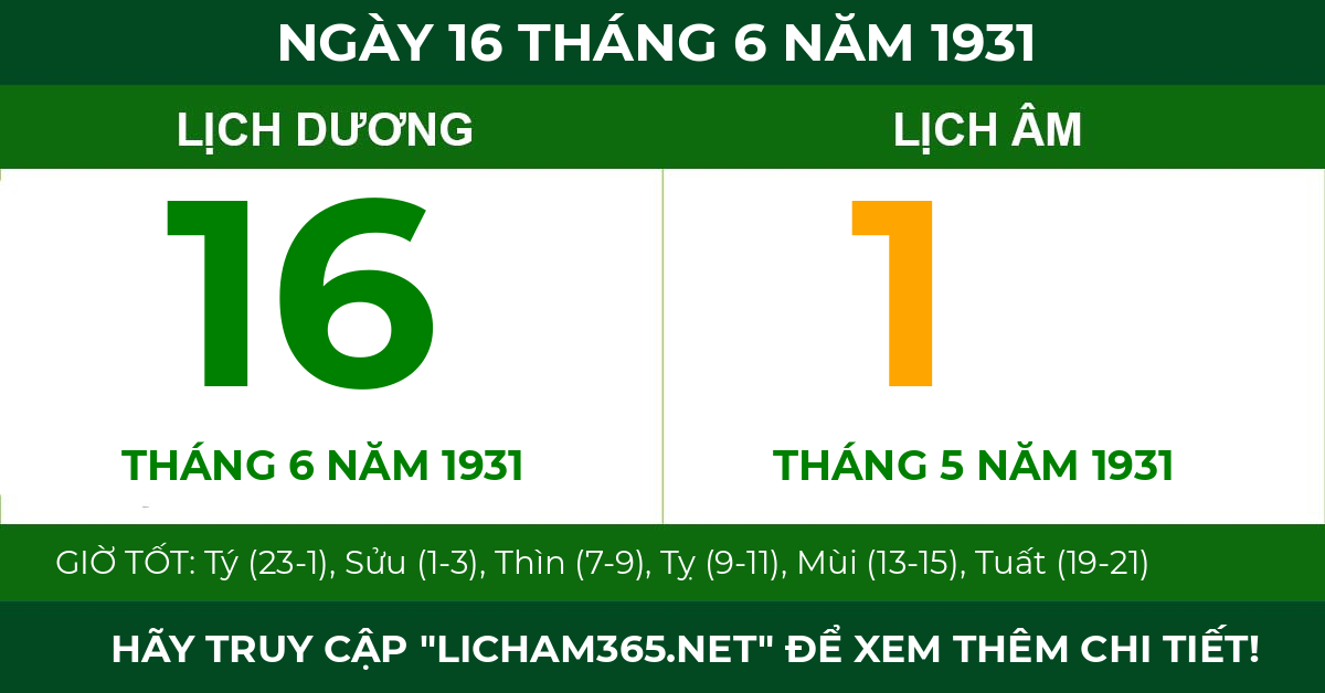 lịch âm ngày 16 tháng 6 năm 1931