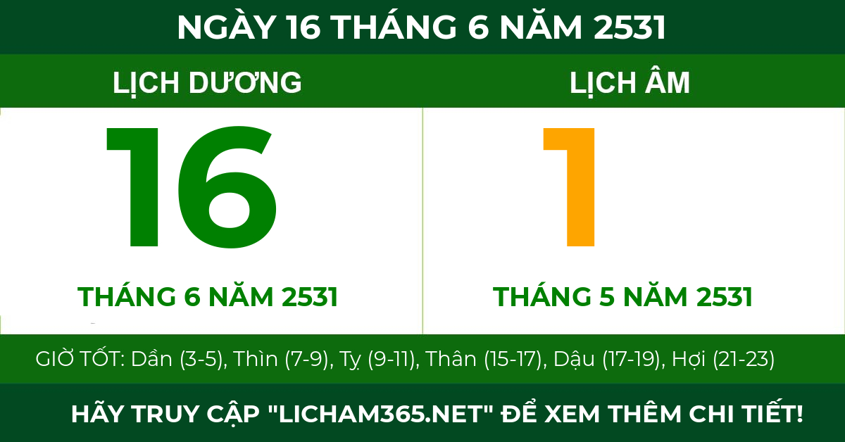 lịch âm ngày 16 tháng 6 năm 2531