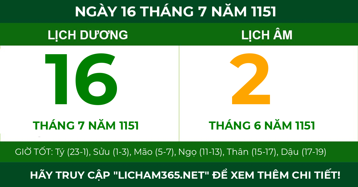 lịch âm ngày 16 tháng 7 năm 1151
