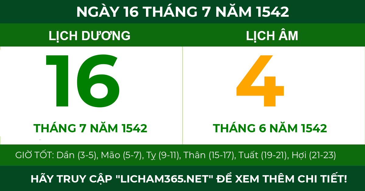 lịch âm ngày 16 tháng 7 năm 1542