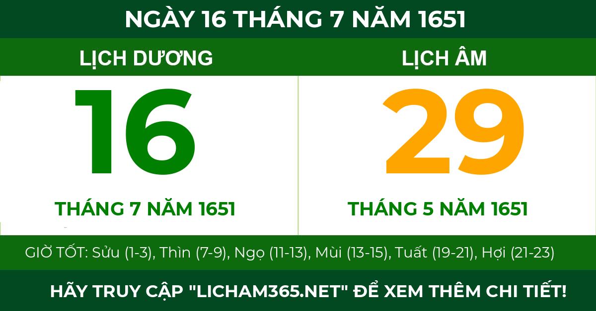 lịch âm ngày 16 tháng 7 năm 1651