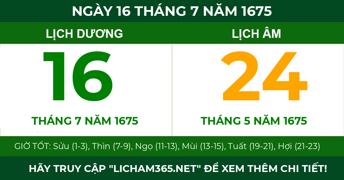 lịch âm ngày 16 tháng 7 năm 1675