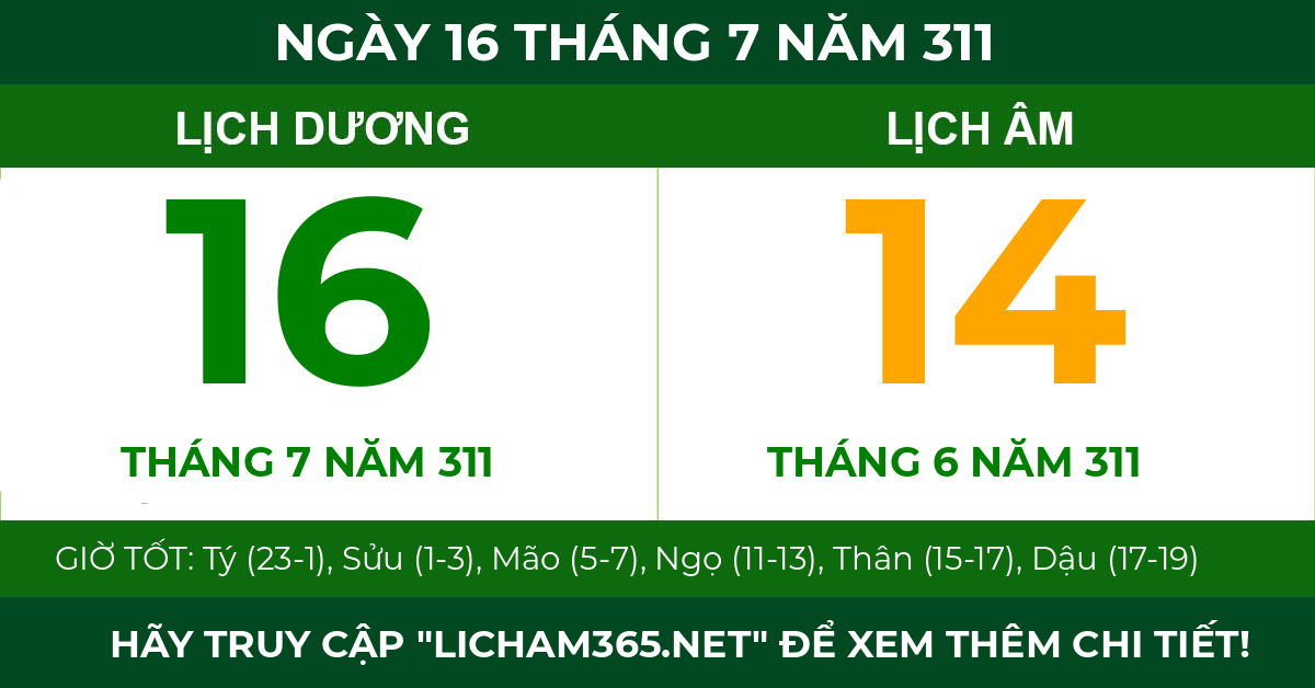lịch âm ngày 16 tháng 7 năm 311