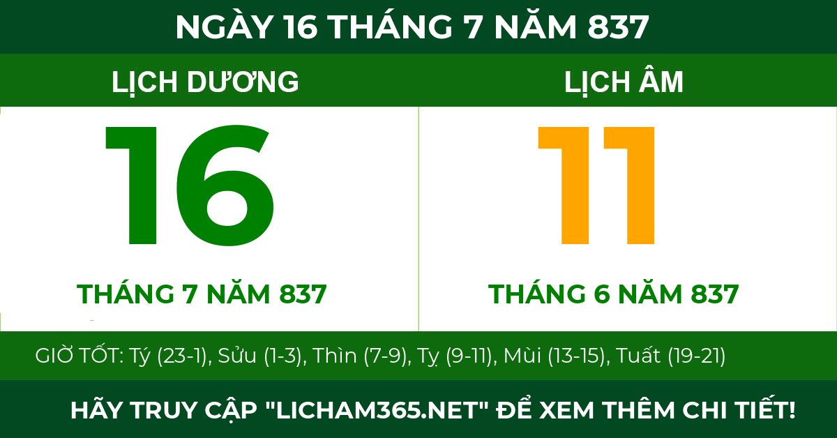 lịch âm ngày 16 tháng 7 năm 837