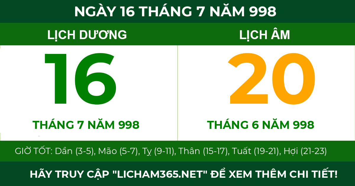 lịch âm ngày 16 tháng 7 năm 998