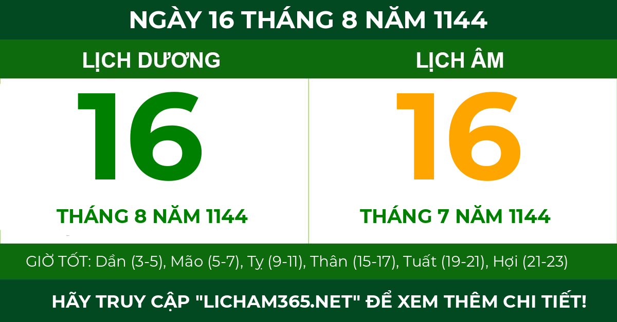 lịch âm ngày 16 tháng 8 năm 1144