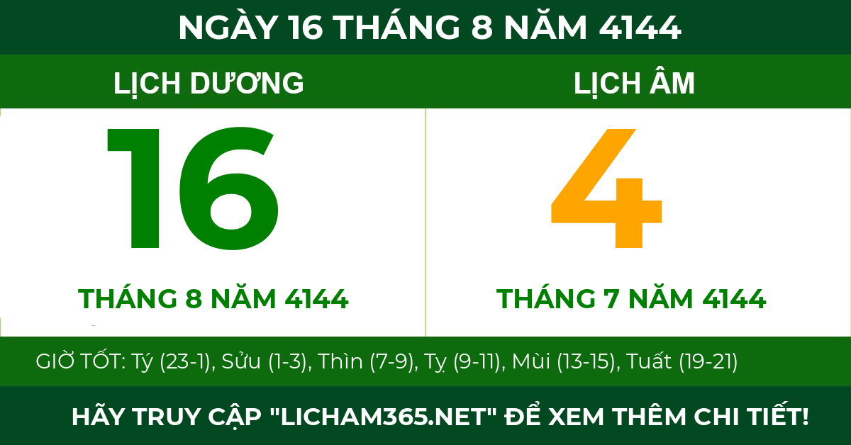 lịch âm ngày 16 tháng 8 năm 4144