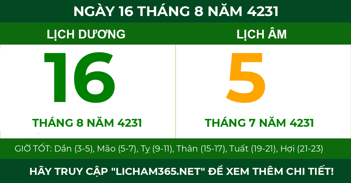 lịch âm ngày 16 tháng 8 năm 4231