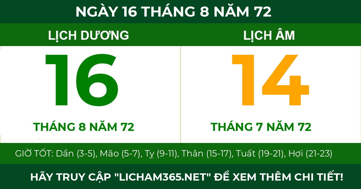 lịch âm ngày 16 tháng 8 năm 72