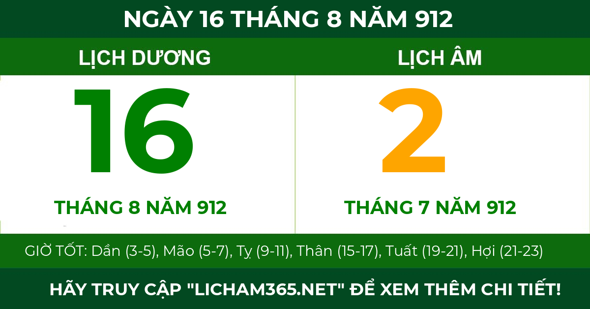 lịch âm ngày 16 tháng 8 năm 912