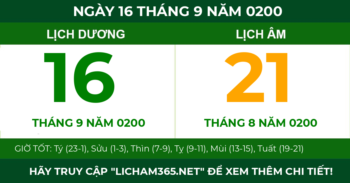 lịch âm ngày 16 tháng 9 năm 0200