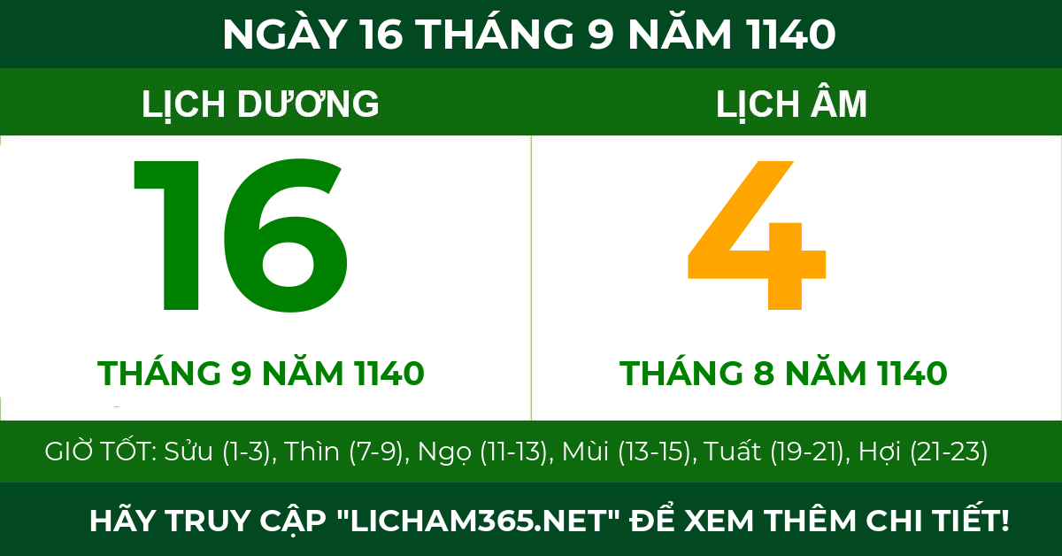 lịch âm ngày 16 tháng 9 năm 1140
