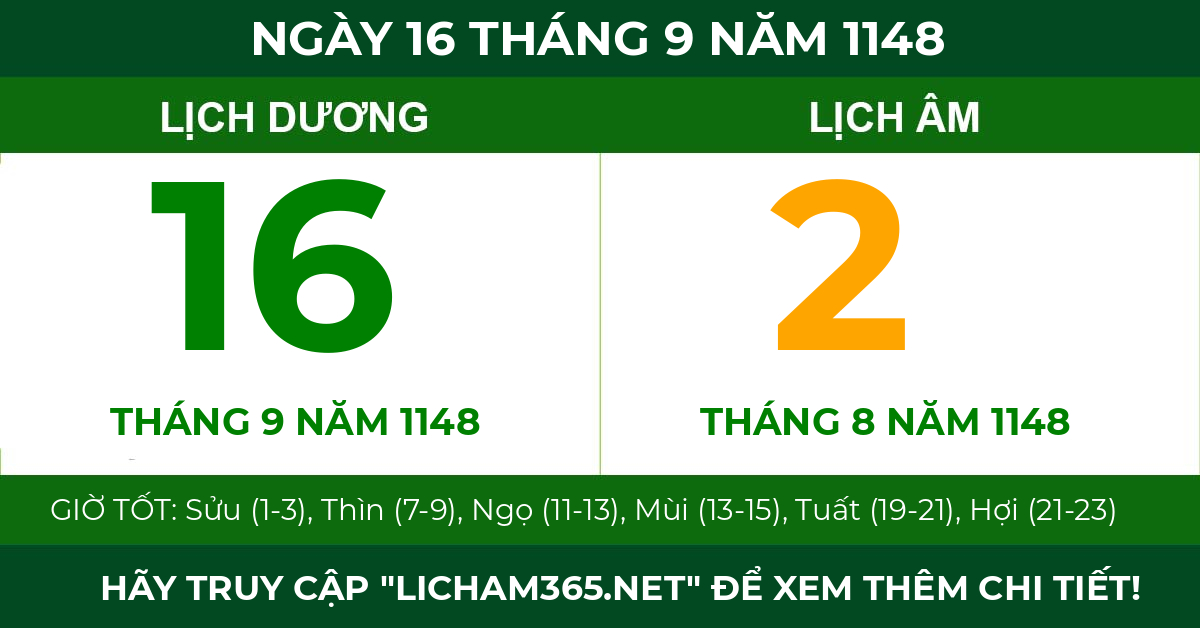 lịch âm ngày 16 tháng 9 năm 1148