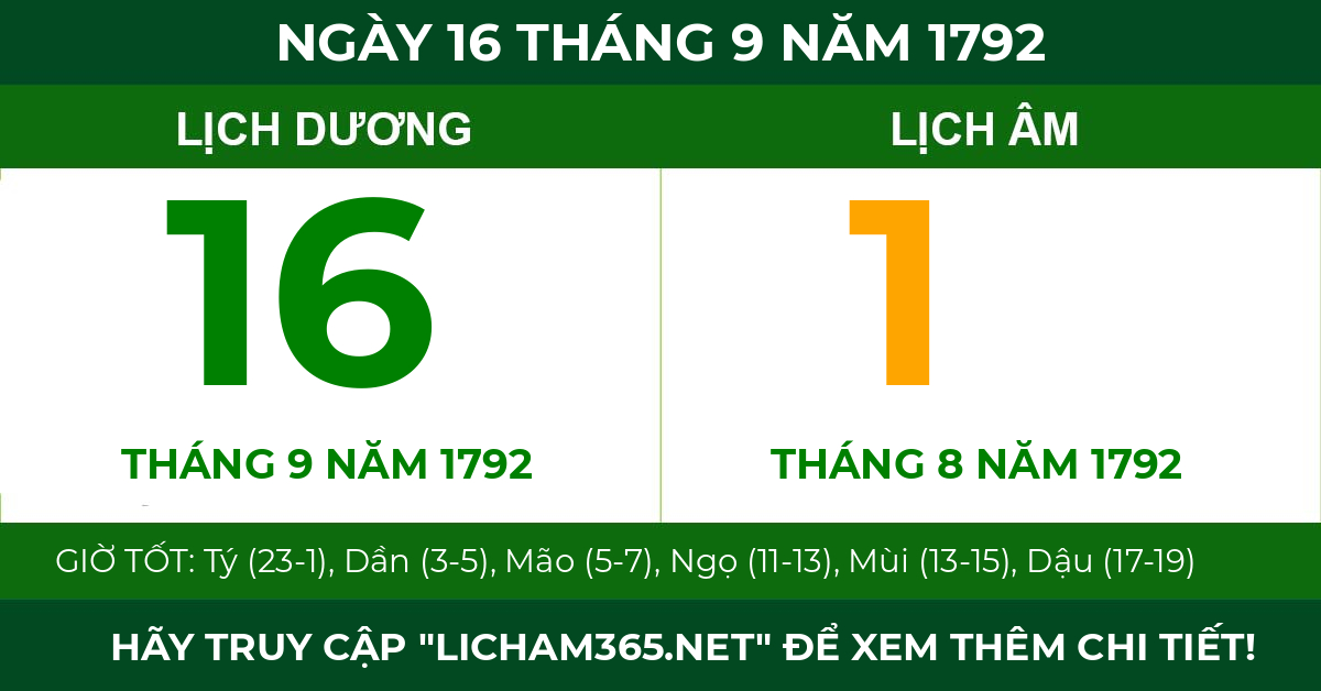 lịch âm ngày 16 tháng 9 năm 1792