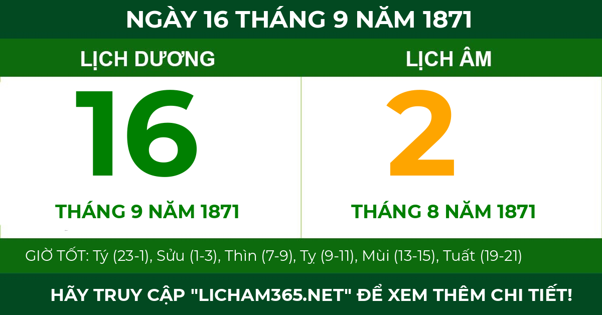 lịch âm ngày 16 tháng 9 năm 1871
