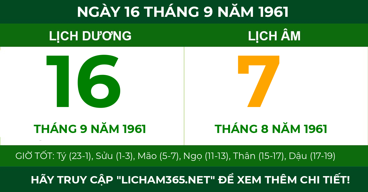 lịch âm ngày 16 tháng 9 năm 1961