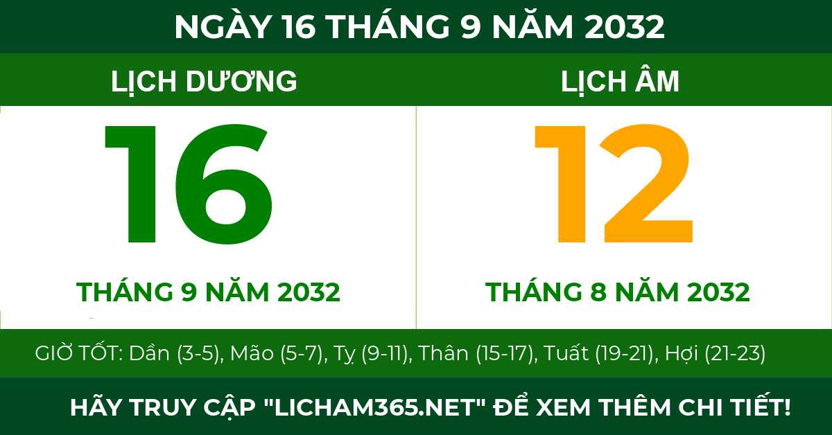 lịch âm ngày 16 tháng 9 năm 2032