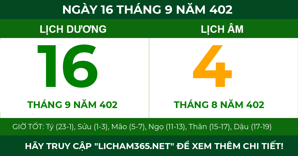lịch âm ngày 16 tháng 9 năm 402
