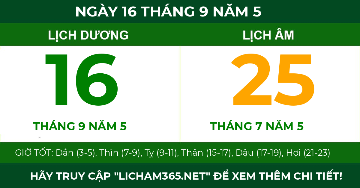 lịch âm ngày 16 tháng 9 năm 5