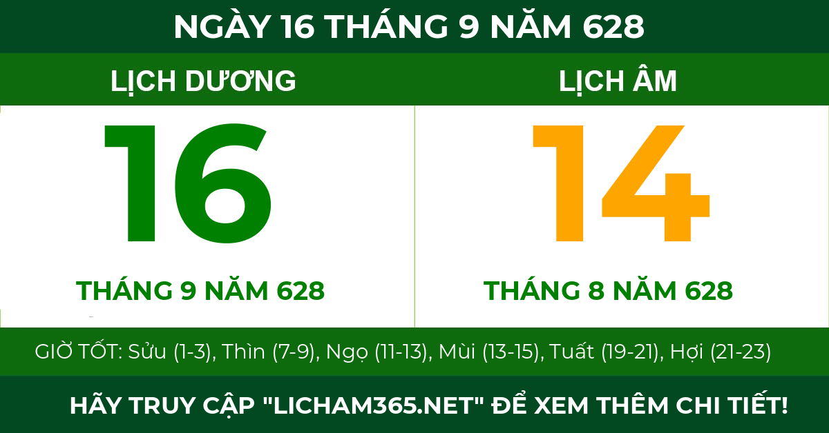 lịch âm ngày 16 tháng 9 năm 628