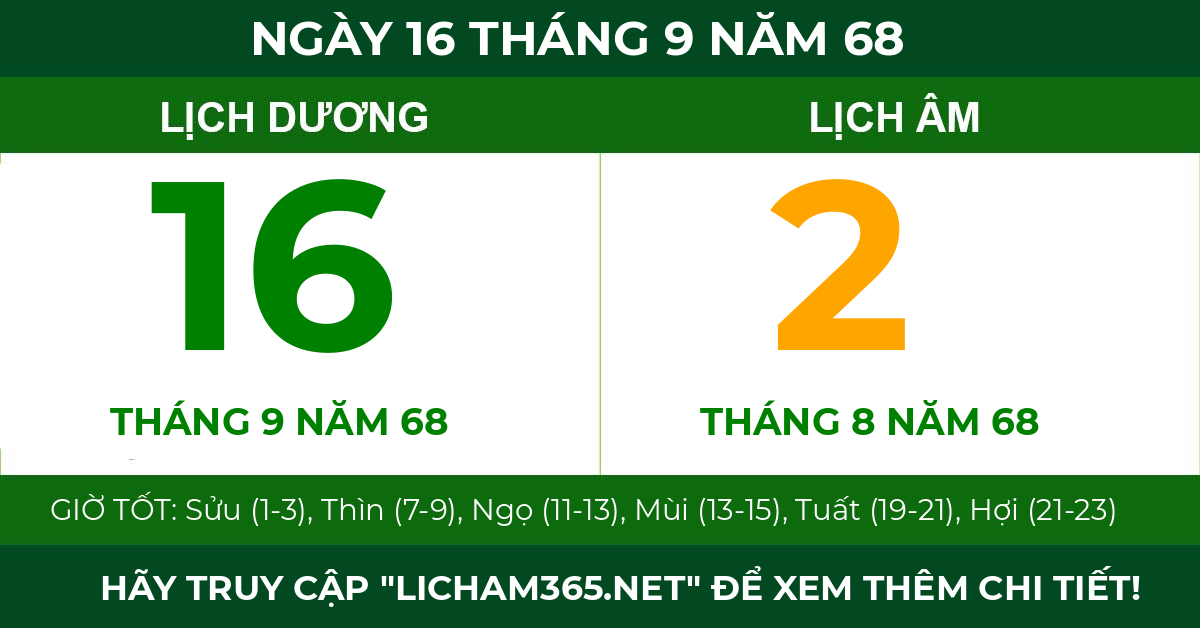 lịch âm ngày 16 tháng 9 năm 68