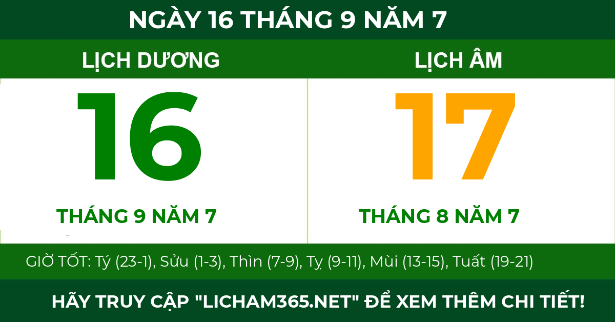 lịch âm ngày 16 tháng 9 năm 7