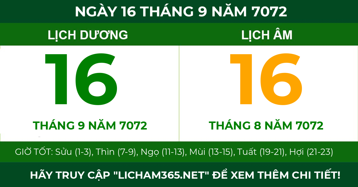 lịch âm ngày 16 tháng 9 năm 7072