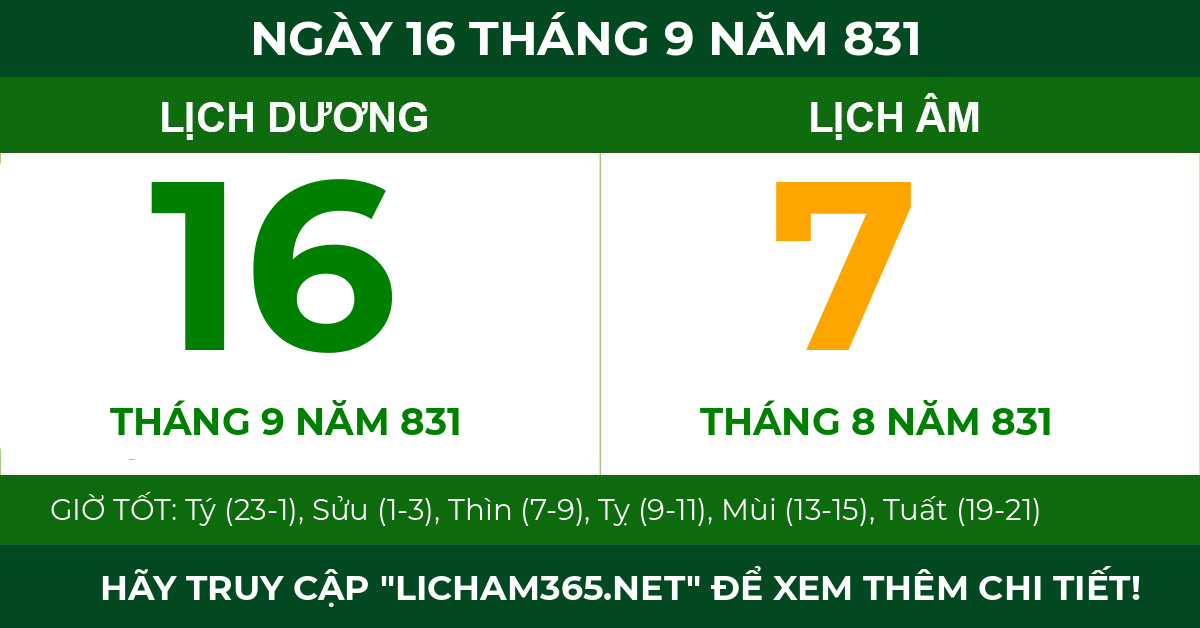 lịch âm ngày 16 tháng 9 năm 831