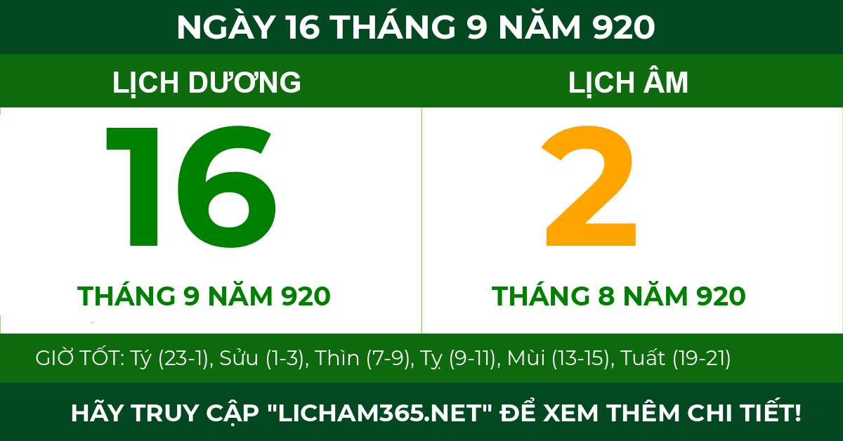 lịch âm ngày 16 tháng 9 năm 920