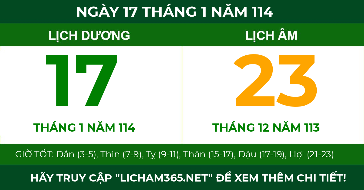 lịch âm ngày 17 tháng 1 năm 114