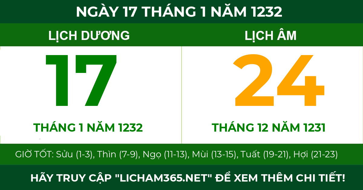 lịch âm ngày 17 tháng 1 năm 1232