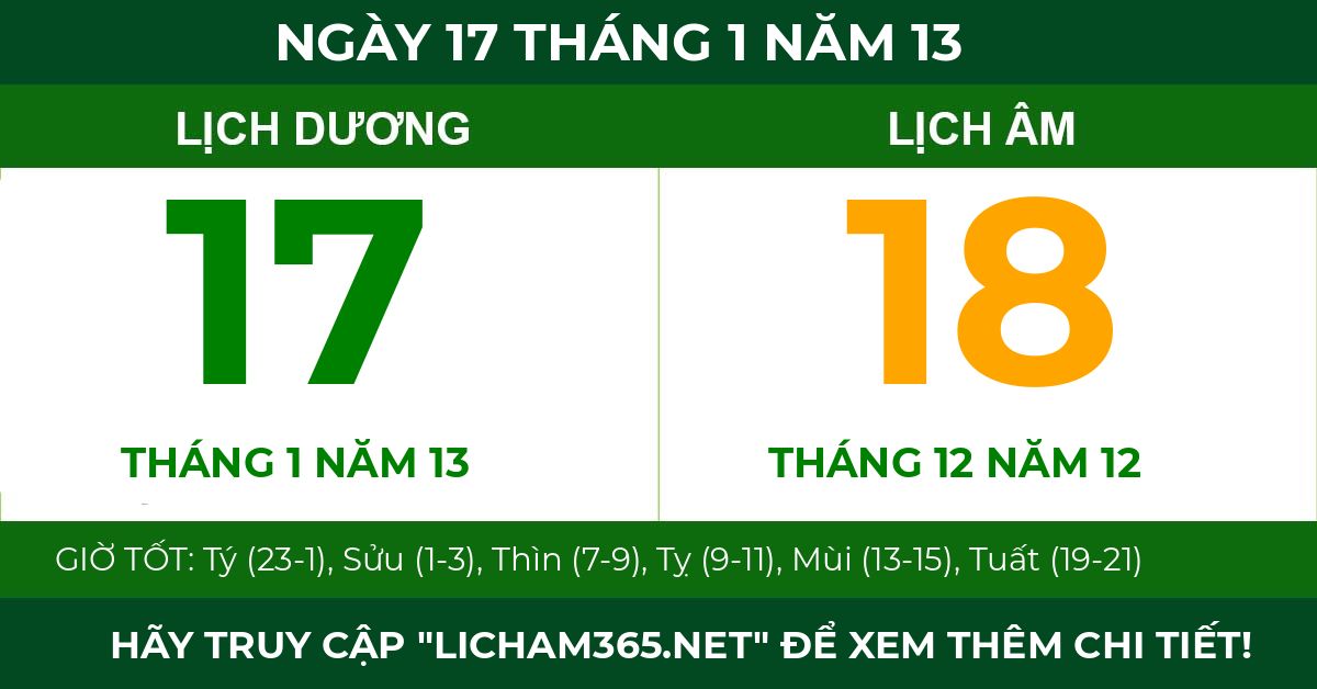 lịch âm ngày 17 tháng 1 năm 13