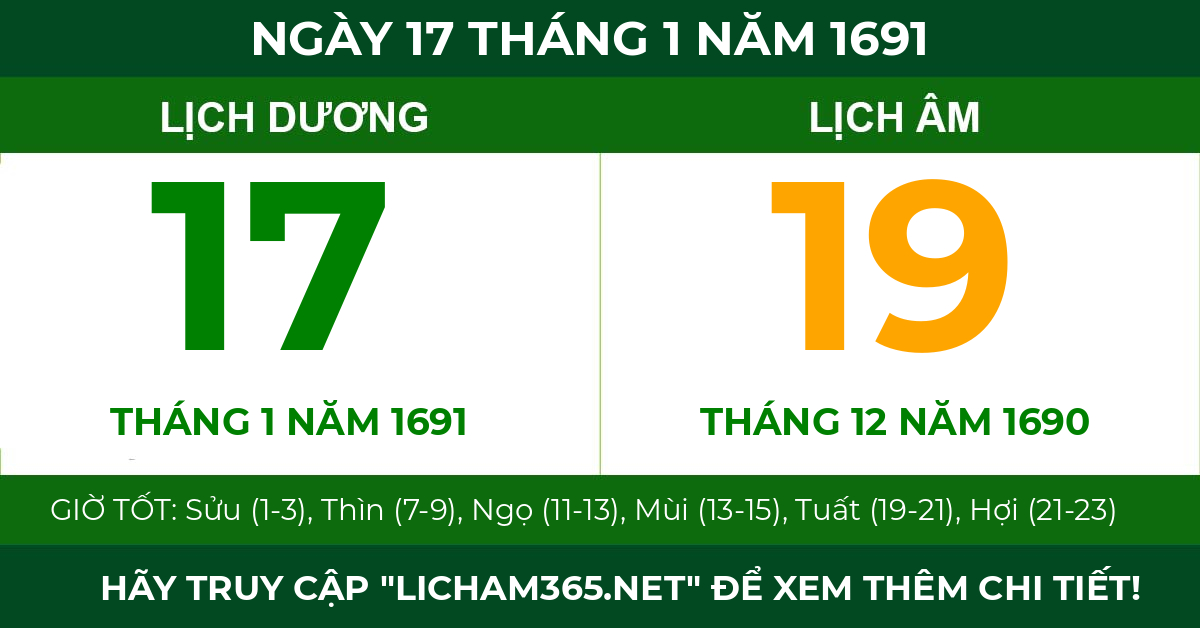 lịch âm ngày 17 tháng 1 năm 1691