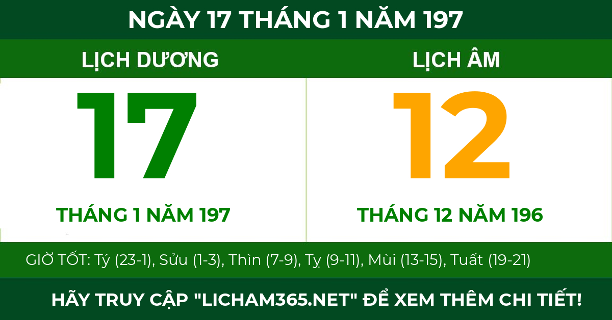 lịch âm ngày 17 tháng 1 năm 197