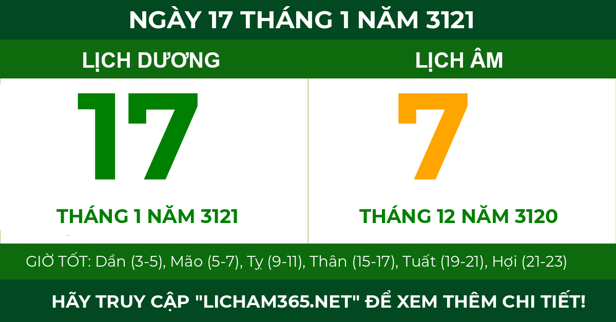 lịch âm ngày 17 tháng 1 năm 3121