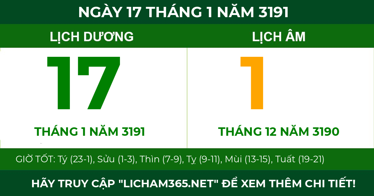 lịch âm ngày 17 tháng 1 năm 3191